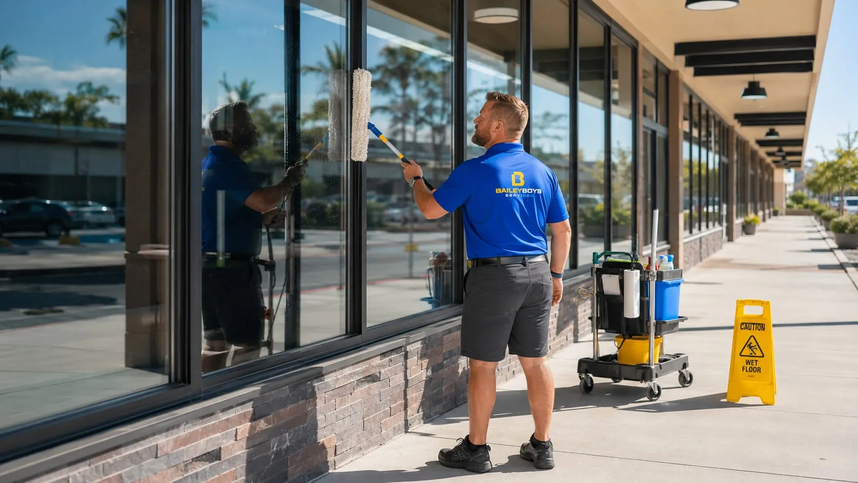 Bailey Boys technician cleaning commercial storefront windows at a Sacramento-area retail center
