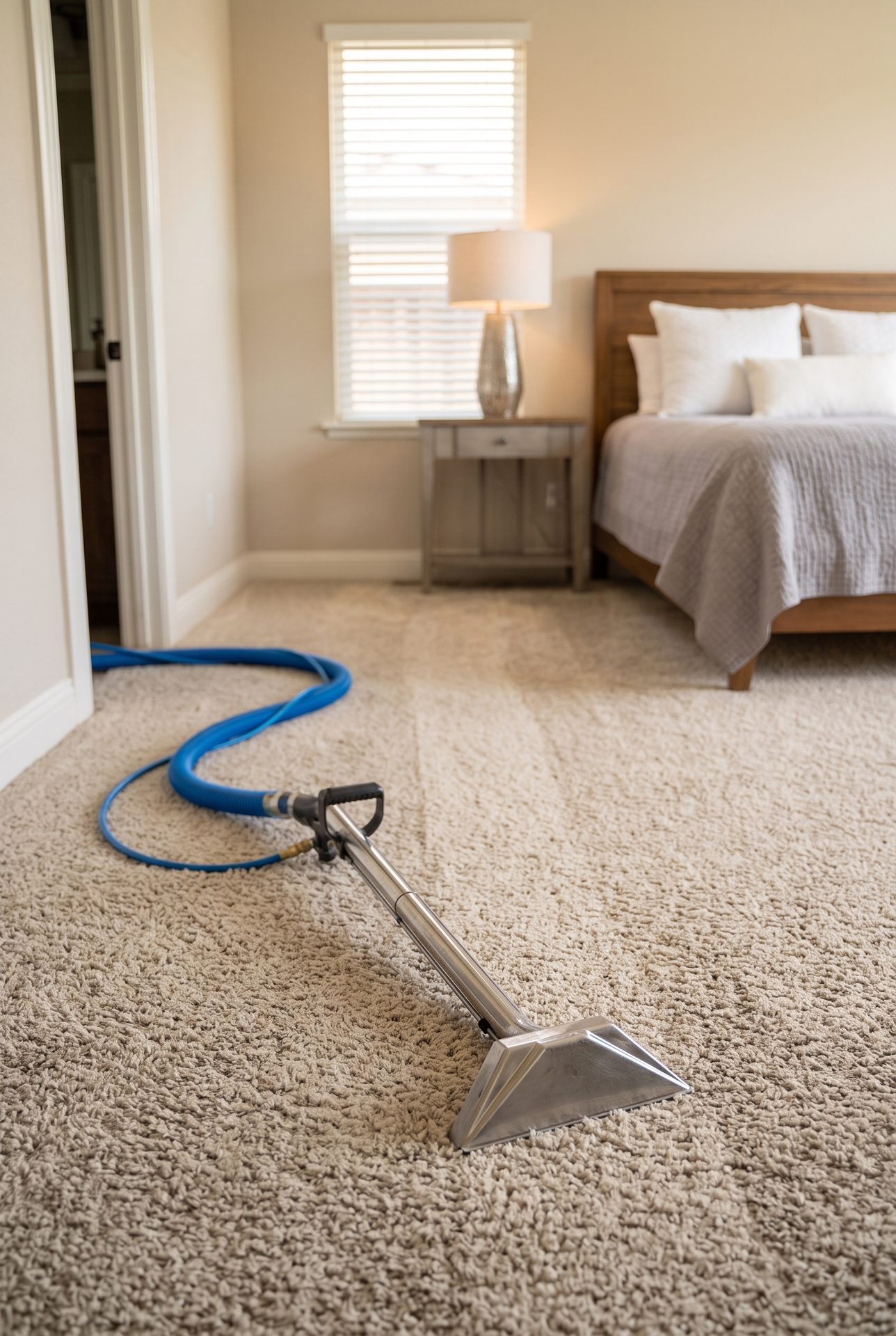 Hot-water extraction cleaning a bedroom carpet in a Sacramento-area home