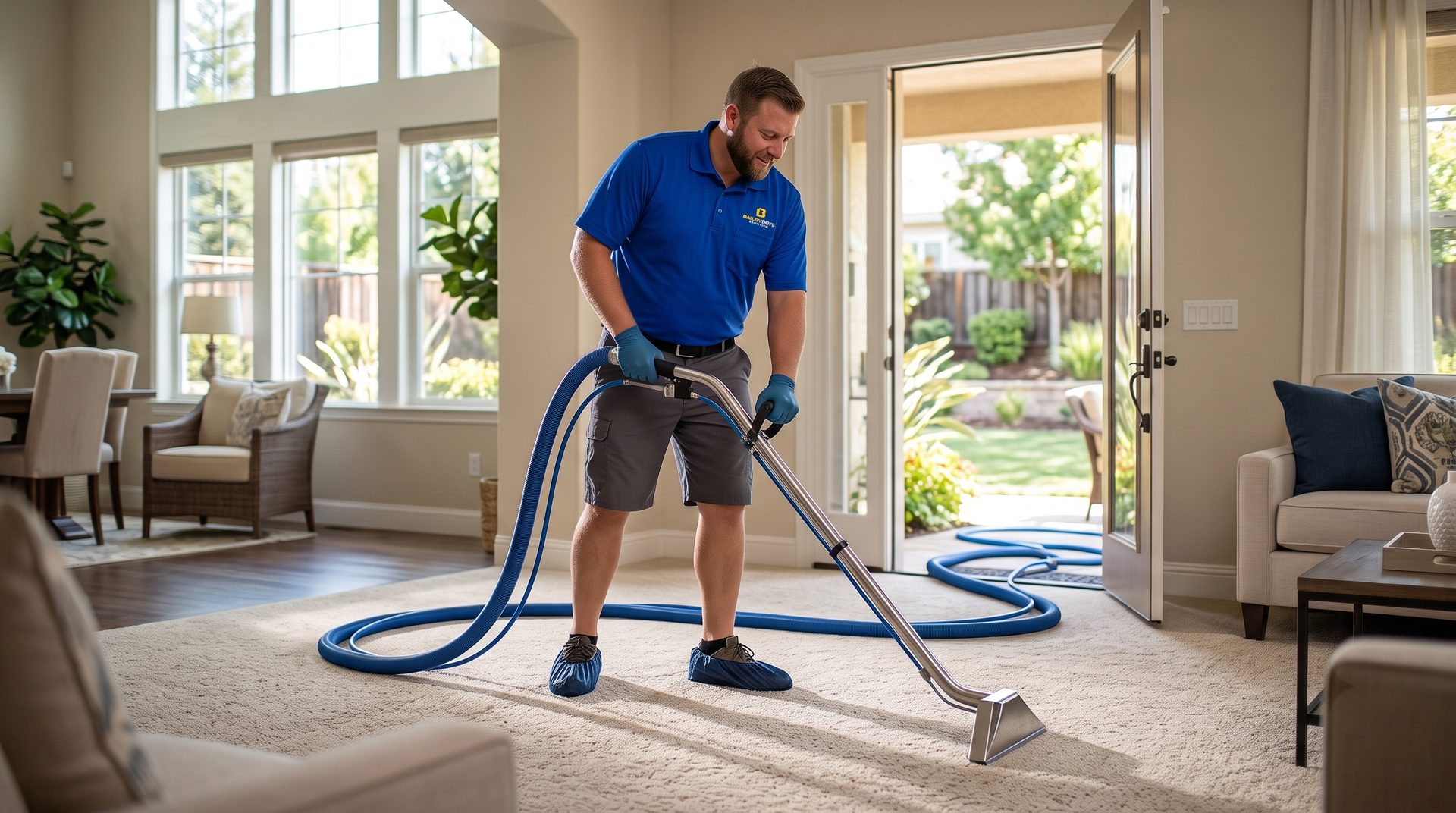 A technician deep-cleaning living-room carpet in a Sacramento-area home