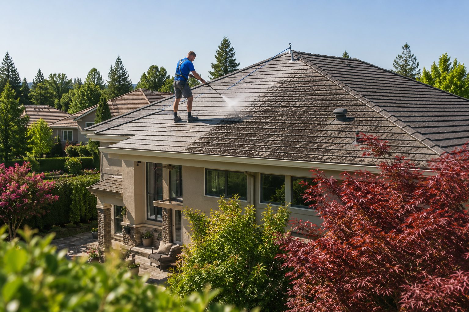 A Bailey Boys technician soft-washing the roof of a Sacramento-area home