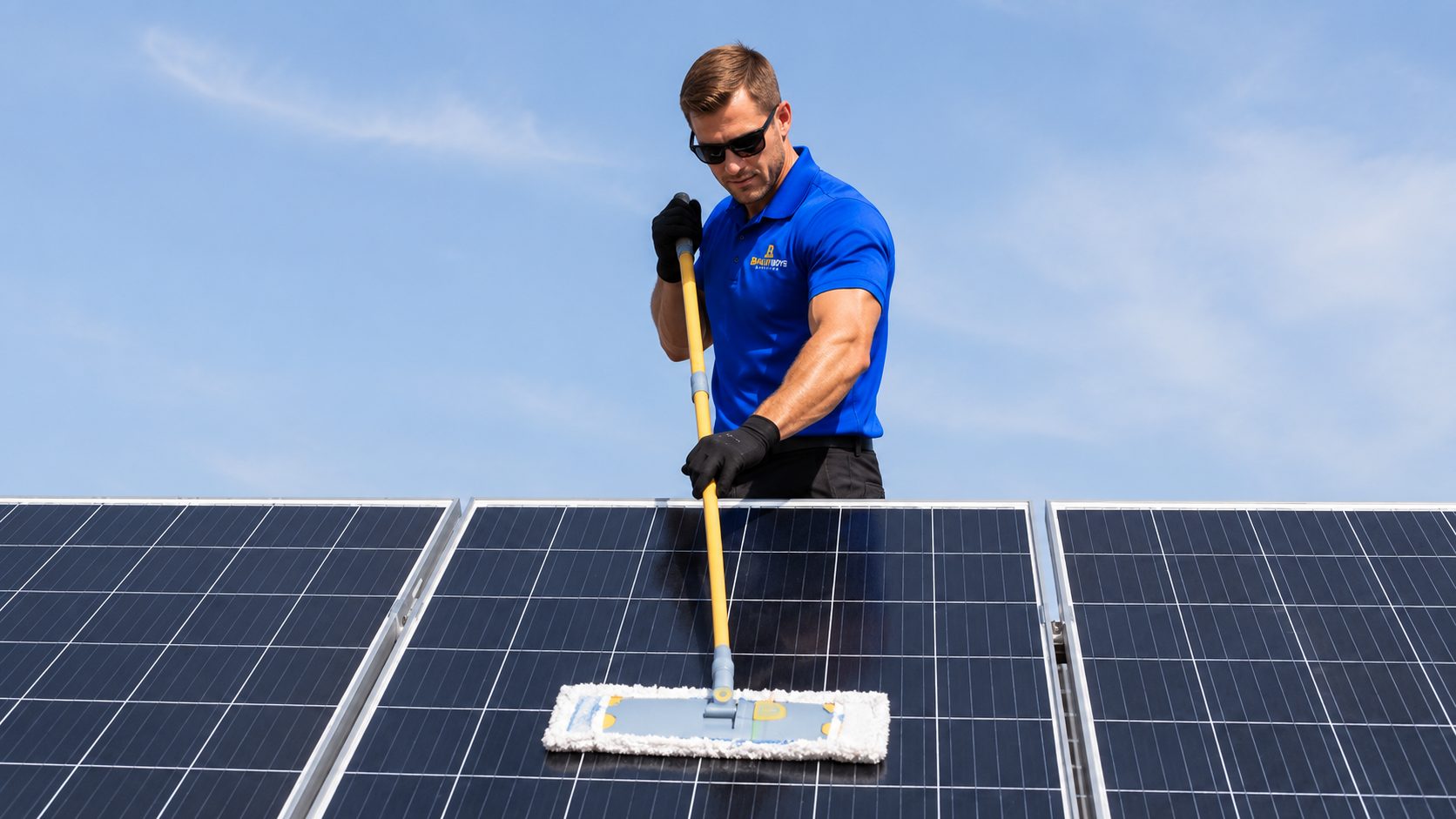 A Bailey Boys technician wiping a solar panel clean under a clear Sacramento sky