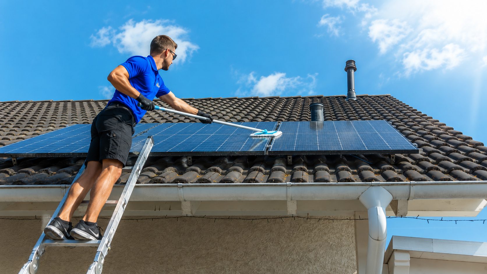 A technician on a ladder cleaning rooftop solar panels on a Sacramento-area home