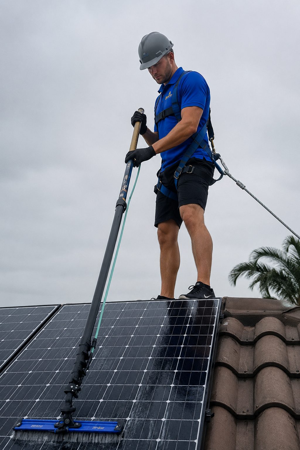 A harnessed Bailey Boys technician cleaning solar panels with a purified-water pole on a Sacramento-area roof
