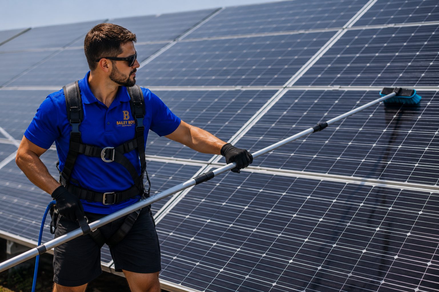 A Bailey Boys technician cleaning a ground-mounted solar array with a soft-brush pole