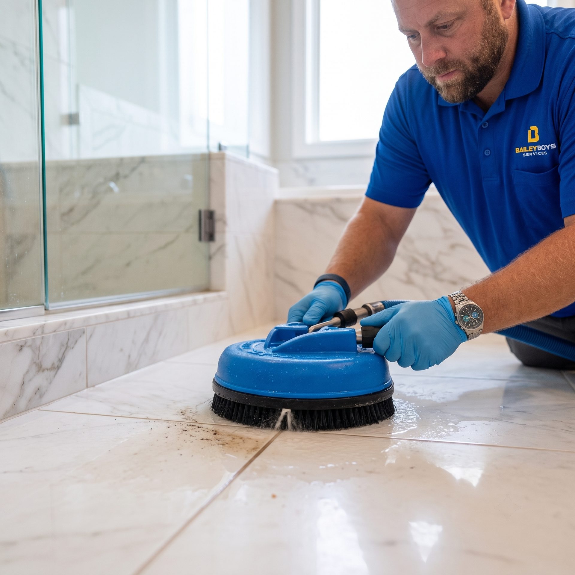 A Bailey Boys technician deep-cleaning marble bathroom tile and grout with a rotary spinner in a Sacramento-area home
