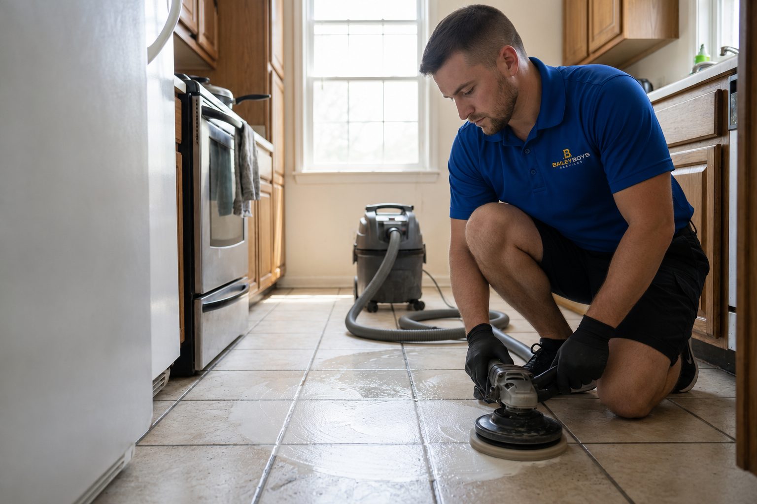 A technician deep-cleaning kitchen tile and grout with a rotary machine in a Sacramento-area home
