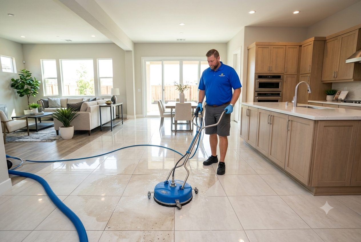 A technician restoring large-format tile and grout in an open-plan Sacramento-area kitchen