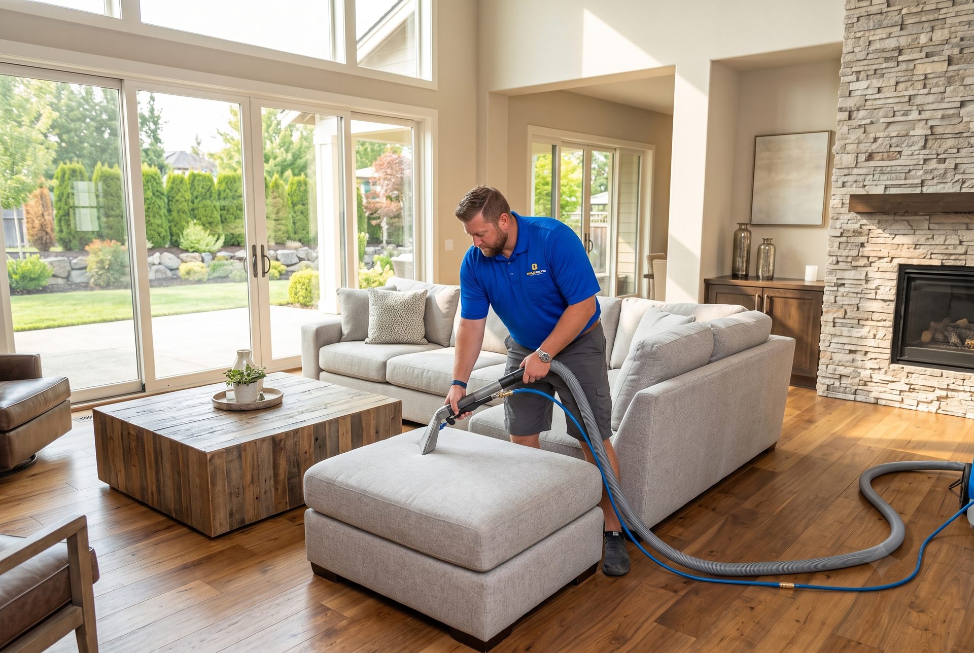 A technician cleaning a fabric ottoman with hot-water extraction in a Sacramento-area living room