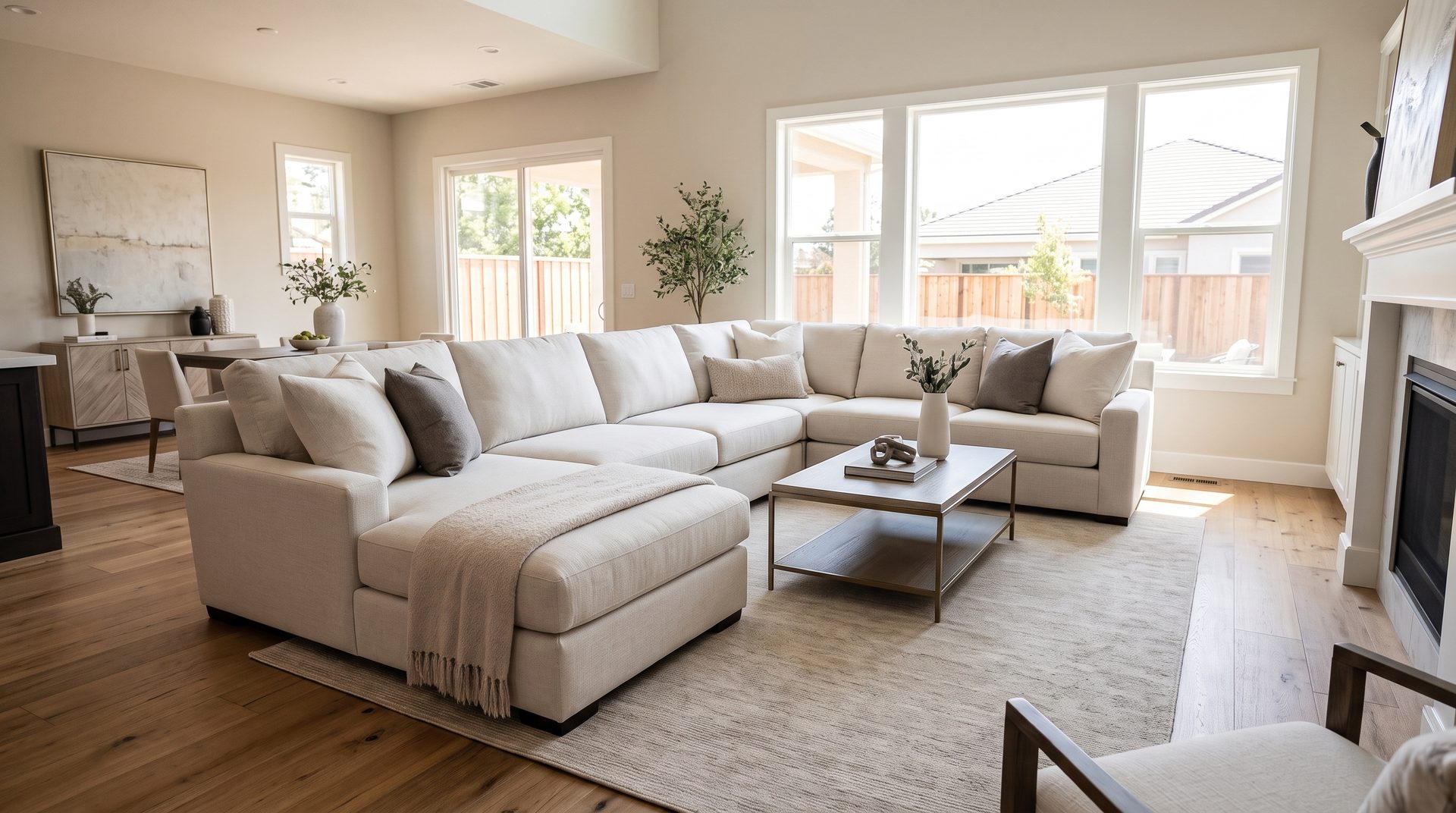 A clean, freshly serviced sectional sofa in a bright Sacramento-area living room
