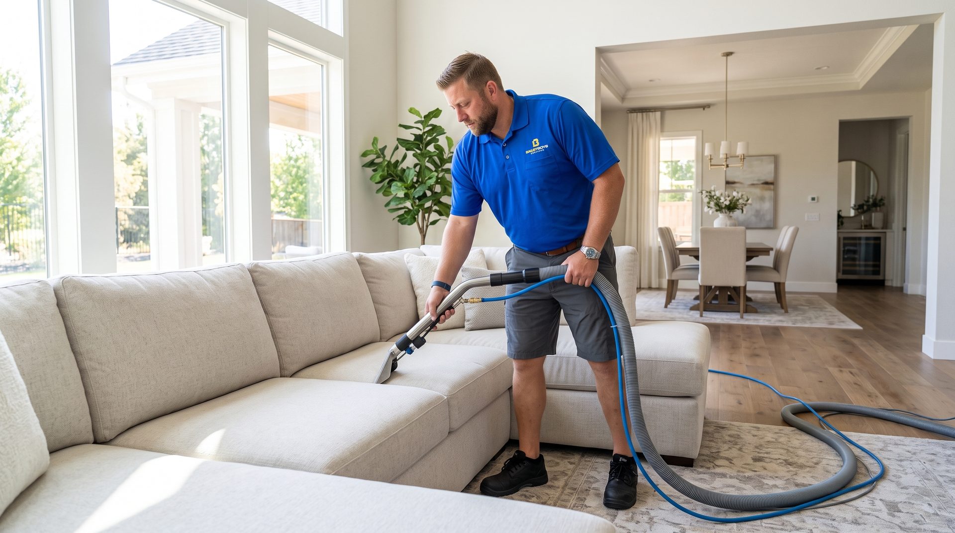 A Bailey Boys technician deep-cleaning a Sacramento-area sectional sofa with a fabric-safe hot-water extraction wand