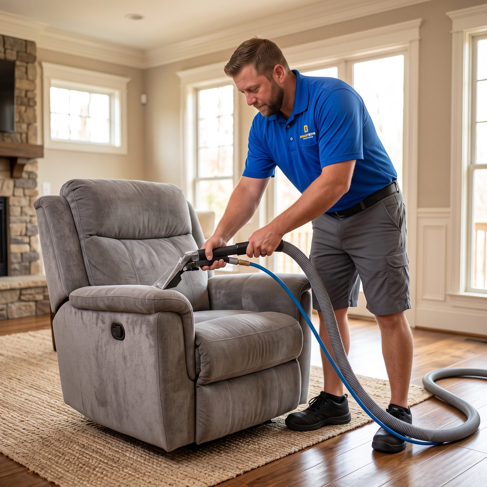 A Bailey Boys technician deep-cleaning a fabric recliner in a Sacramento-area home