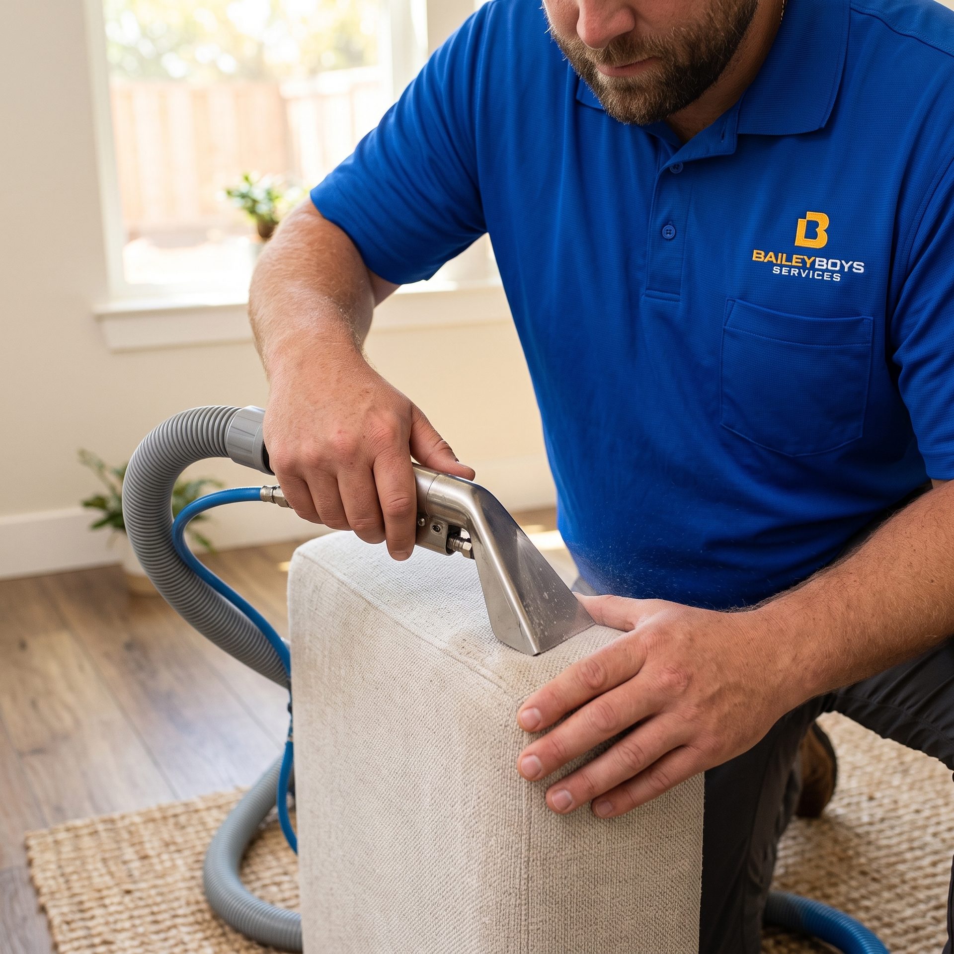 Close-up of a Bailey Boys technician cleaning a sofa arm with an upholstery extraction tool in a Sacramento-area home