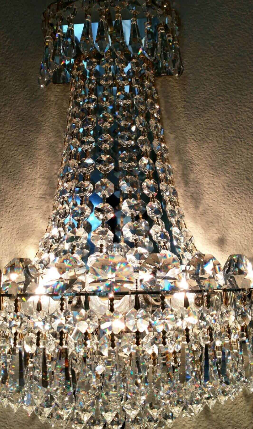 Close-up of freshly cleaned, sparkling chandelier crystals